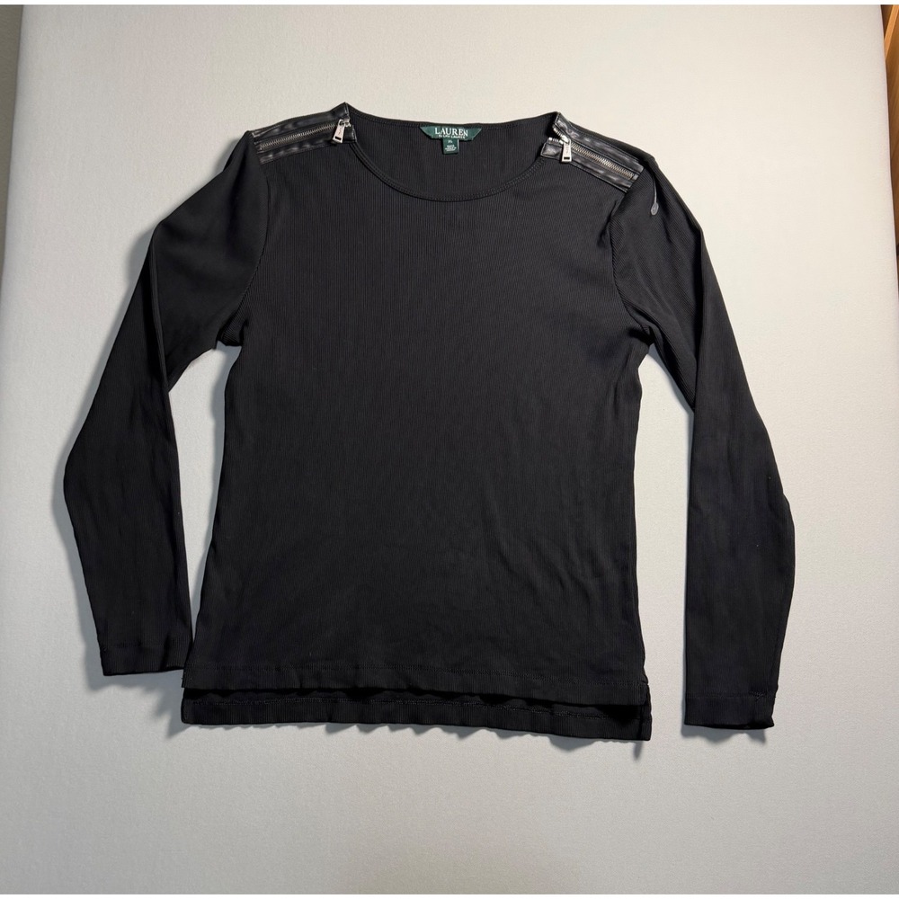 Lauren Ralph Lauren Womens XL Black Ribbed Zip Shoulder‎ Long Sleeve Top Cotton